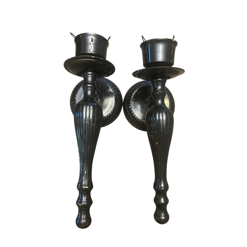 Vintage Brass Painted Black Wall-Mounted Candle Holders Set